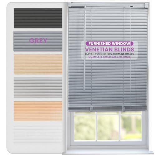 Image of FURNISHED Venetian Blinds Window Venetian Blind Easy Fit PVC Shutters Trimmable Shades for Home Kitchen Windows Treatment Shutters 25mm Slats Complete Child Safe Fittings - Grey 140W x 150L cm