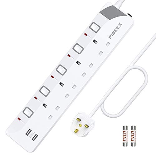 Image of Extension Lead with 4 Way Plug Sockets, Wall Mountable Extension Socket with Individual Switches and 2 USB Charging Ports, 13A 3250W, 2M Extension Cord