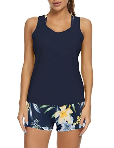 Image of JASAMBAC 3 Piece Swimsuits for Women Tummy Control Swim Top Floral Print Tankini Tops with Bikini Top Boyshorts Bathing Suits M