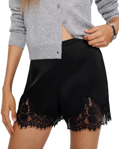 Image of Acrawnni Women Y2k Satin Silk Shorts Lace Trim Patchwork Mini Micro Shorts Coquette Lounge Slip Bottoms Under for Dresses Aesthetic Underskirt (C-Black, S)