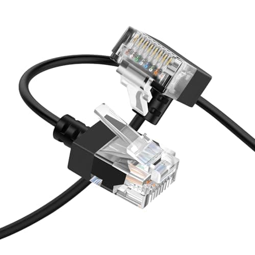 Image of Thzzhnno Cat6A Ethernet Cable 90 Degree Up Angled 1M, Flexible Slim & Ultra Thin Cat6 Rj45 Ethernet Patch LAN Lead up to High Speed 10Gbps 550MHz for PC, Router, Printer, Modem (Black)