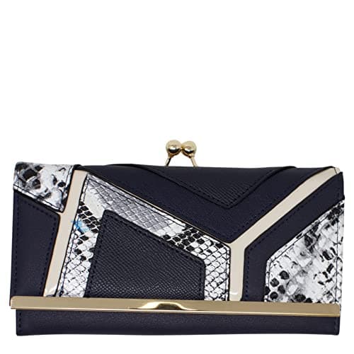 Image of clicktostyle Ladies Snake Print Panel Wallet Bag Women Card Cases Purse Foldout Clip Top Clutch Handbag 1133 (Blue)