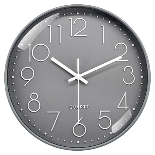 Image of VIKMARI 12 Inch Gray Wall Clock Silent Battery Operated Modern 3D Numerals Clocks, Decor for Bedroom Office Bathroom Kitchen Living Room