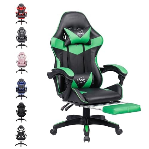 Image of Neo Executive PU Leather Massage Sport Racing Gaming Home Office Computer Chair Lumbar Back Support Footrest (Green)