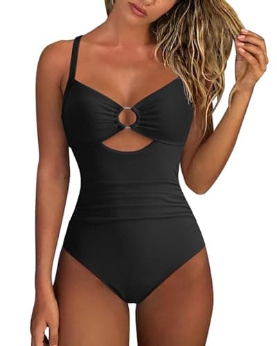 Image of RXRXCOCO Ribbed Swimsuits for Women Swimming Costume Tummy Control Swimwear Cutout One Piece Bathing Suit Black L