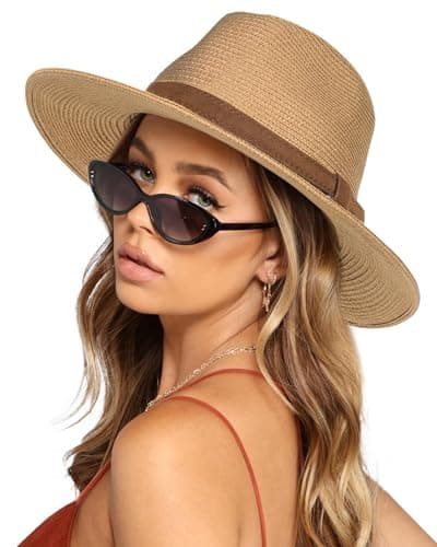 Image of FURTALK Sun Hats for Women Men Adjustable Summer Panama Fedora Wide Brim UPF 80+ Foldable Packable Straw Beach Hat, Khaki-Khaki Belt, L-XL