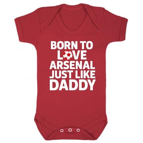 Image of Trendy Tykes Born to Love Arsenal Just Like Daddy Baby Vest – Football Fan Baby Grow – Red Baby Gift for Arsenal Supporters – Sizes 0-3M, 3-6M, 6-12M – Printed in the UK