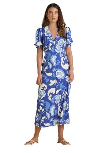 Image of Long Tall Sally - LTS Tall Floral Puff Sleeve Midi Tea Dress - Women's Blue