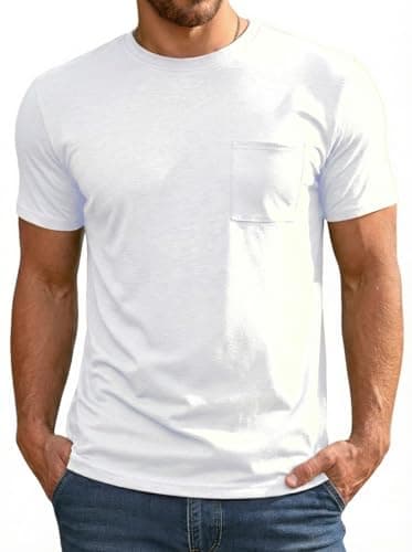 Image of Runcati Men's T-Shirt Summer Short Sleeve Tops Round Neck Regular Fit Functional Shirt Men's Plain Basic Undershirt Casual Gym Sports Shirts with Chest Pocket White L