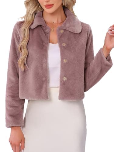 Image of Allegra K Dressy Faux Fur Coat for Women's Cropped Snap Button Winter Wedding Fluffy Jackets Dusty Rose Pink S