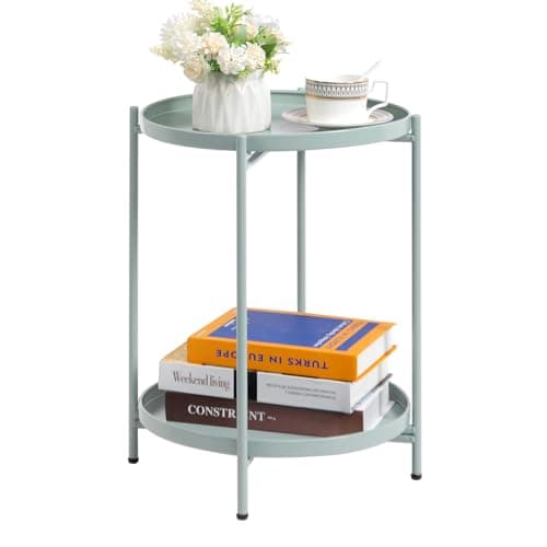 Image of HollyHOME Round Side Table Outdoor Living Room Small Metal Coffee Table for Balcony Patio 2 Tier Tray End Table Nightstand for Bedroom, Teal