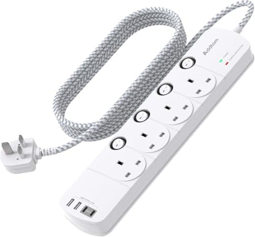 Image of 3M Extension Lead with USB Slots, 4 Way Socket Outlets with 4 USB (2 Type C & 2 USB A), 1050J Surge Protection Multi Plug Extension with Braided Extension Cable for Home, Office, Individually Switched