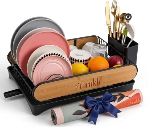 Image of tarukh Modern Dish Drying Rack with Natural Bamboo Accents & Diatomite Drying Mat – Multifunctional Space Saving Rust-Proof Dish Drainer for Kitchen Countertop, Cutlery Holder, Plate & Bowl Organizer