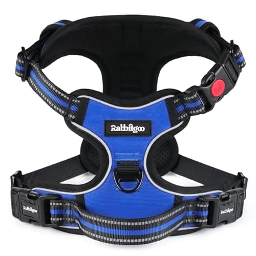 Image of rabbitgoo Dog Harness Medium with Neck Release Buckle, Adjustable No Pull Harness with Front Back Clips, Soft Padded with Easy Control Handle, Reflective Pet Walking Vest, Blue, M