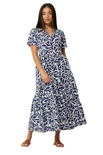 Image of M&Co Petite Blue Abstract Print Tiered Cotton Maxi Dress - Women's