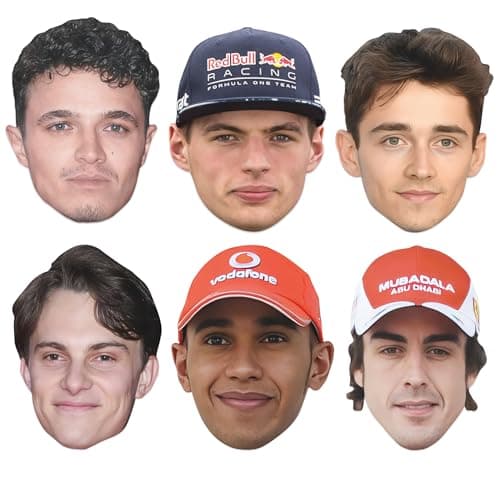 Image of Star Cutouts CMP22 Motor Racing Six Pack Cardboard Face Masks – Lando Norris, Max Verstappen, Charles Leclerc, Oscar Piastri, Lewis Hamilton & Fernando Alonso – Racing Party & Fan Bundle
