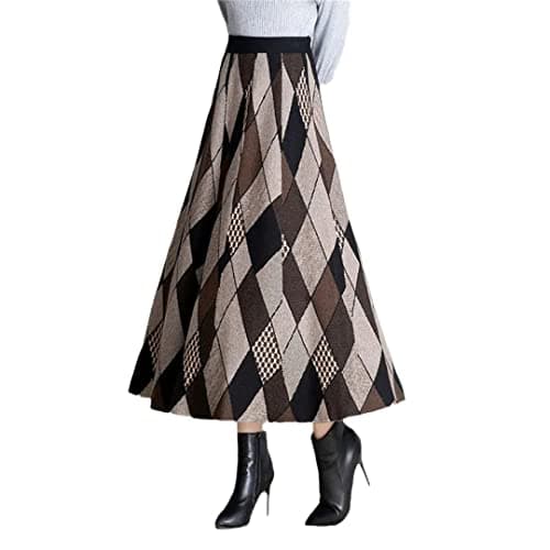 Image of Vintage Knitted Midi Skirt Women Elegant Retro Plaid Skirt A Line High Waist Long Skirt Beige M