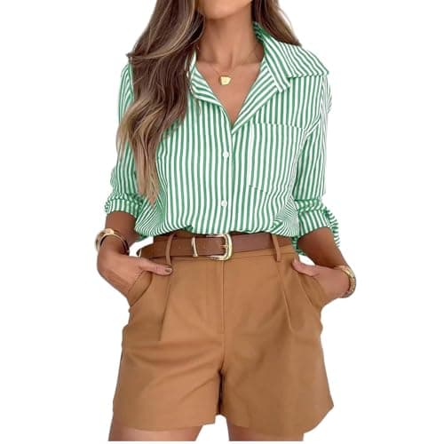 Image of Oversized Shirts for Women Striped Button Down Shirts Casual Long Sleeve Lapel Neck Tops Ladies Elegant Office Work Tunic Blouses UK 01-Green S