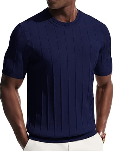 Image of PJ PAUL JONES Mens T Shirt Short Sleeve, Heavy Weight Knitted T Shirt, Basics Crew Neck Summer Tee Shirts, Classics Comfort T-Shirts Navy Blue XL