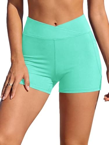 Image of SHEKINI Women High Waisted Swim Board Shorts V Cross Tummy Control Swim Bathing Suit Bottoms Swimwear with Pockets (UK, Alpha, L, Regular, Regular, 23 Mint Green)