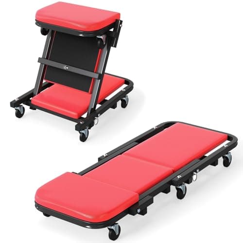 Image of COSTWAY 2-in-1 Folding Car Creeper and Seat, 37 Inch/40 Inch Padded Mechanics Creeper Stool with 6 Rotatable Wheels, Rolling Garage Work Crawler Board Bench, 150kg/160kg Capacity (40”, 160kg, Red)
