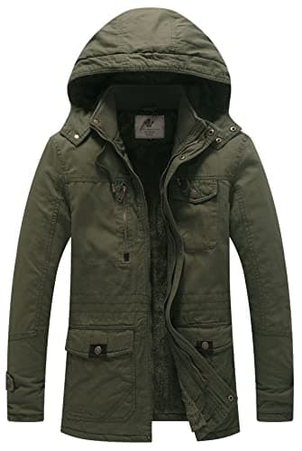 Image of WenVen Men's Outdoor?Windproof?Jacket Warm?Fleece?Lining?Coat Classic Loose?Fit?Winter?Jacket Insulated?Cotton?Padding?Coat Army Green L
