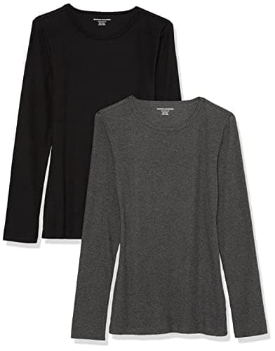 Image of Amazon Essentials Women's Slim-Fit Long Sleeve Rib Knit Crew Neck Top (Available in Plus Size), Pack of 2, Black/Charcoal Heather, S