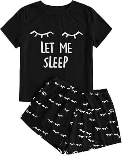 Image of Haloumoning Girl Summer Cute Shorts Set Comfortable Short Sleeve Cartoon Printed Pyjama Set T-Shirt and Short Pants Set, Black, 12-14 Years