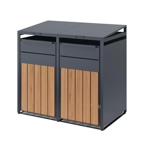 Image of OMERAI Double Wheelie Bin Storage for 60-240 L,Weather-Resistant Outdoor Garden Bin Hideaway with Assisted Lift Lid Easy Use,Powder-Coated Steel Anthracite with Walnut Brown Doors