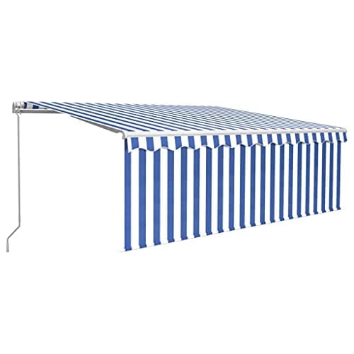 Image of vidaXL Manual Retractable Awning with Blind & LED 4x3m - Blue&White, Aluminium Frame, Polyester Fabric, Solar LED, Outdoor Patio
