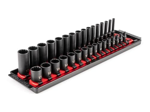 Image of TEKTON 1/4 Inch Drive 12-Point Impact Socket Set with Rails and Tray, 32-Piece (4-17 mm) | SID90204