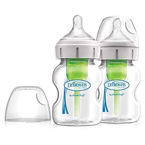 Image of Dr. Brown's Natural Flow Anti-Colic Options+ Wide-Neck Glass Baby Bottle, 5oz/150ml, with Level 1 Slow Flow Teat, 2-Pack