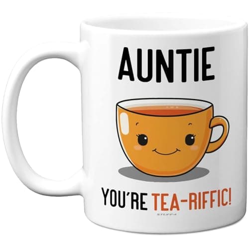 Image of Stuff4 Cute Auntie Mug - Smiling Tea Cup with You're Tea-riffic Slogan - Cheerful Birthday or Appreciation Gift - 11oz Ceramic Gloss Mug
