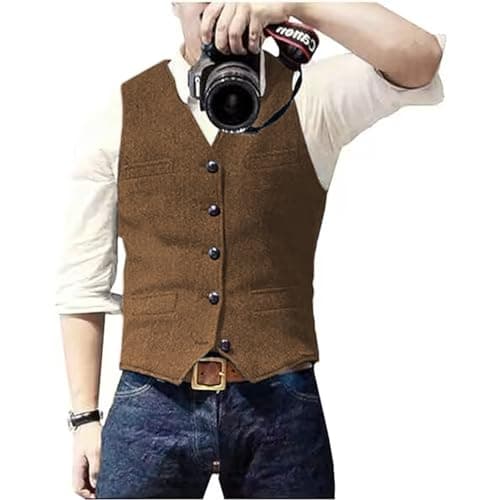 Image of Solovedress Mens Vintage Waistcoat Tweed Wool Regular Fit Suit Vest for Wedding Groomsmen(Brown,XL)