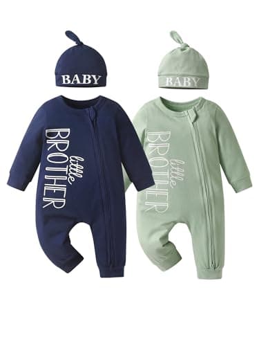 Image of Tearfuty Newborn Baby Boy Rompers Cotton One Piece Jumpsuit Long Sleeve Rompers +Hat (2 Pack) 0-3 Months