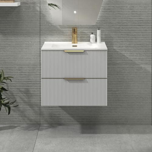 Image of Royal Bathrooms Evora 600mm Satin White Fluted Wall Hung Bathroom Vanity Unit 2 Drawer with Ceramic Basin & Brushed Brass Handle