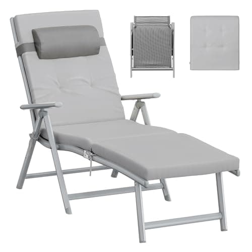 Image of SONGMICS Foldable Sun Lounger, Sunbed with 6 cm Mattress, Removable Headrest, Rustproof Aluminium, Breathable, Comfortable, Reclinable, Max. Load Capacity 150 kg, Grey GCB024G01