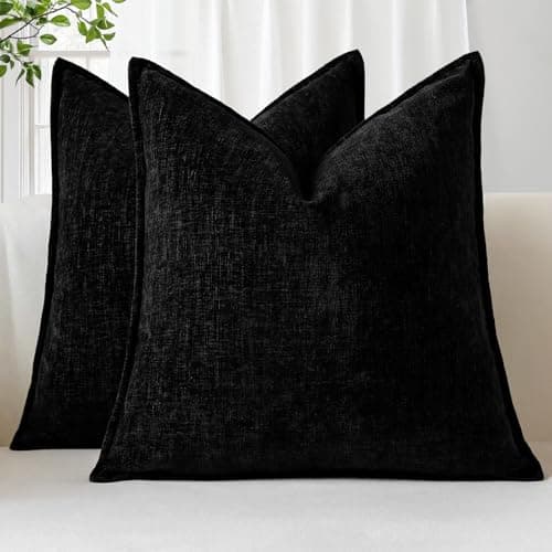 Image of Sungeek Set of 2 Soft Chenille Cushion Covers 45x45cm Square Decorative Throw Pillow Covers with Stitched Edge Solid Dyed Pillow Cases Covers for Home Decor Couch Sofa Bed Living Room, Black