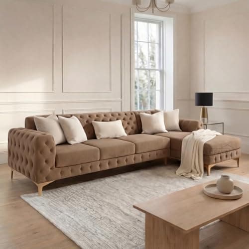 Image of Sofaya L-Shaped Plush Velvet Chesterfield Deep Button Tufted Sofa– Cushions & Legs, 4–5 Seater Upholstered Sofa couch for Living Room (Mink Plush, Right Hand Chaise)