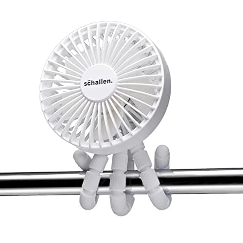 Image of Schallen Rechargeable 4 Way Portable Lightweight Fan with LED Light for Pram Fan, Car Seat, Desk, Office, Travel Fans | Clip on, Handheld, Tripod & Phone Holder (White)