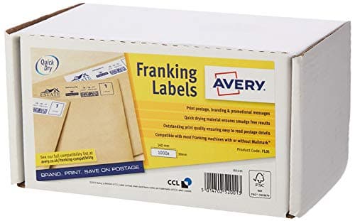 Image of Avery Self Adhesive Franking Labels, Manual Feed, 2 Labels Per Sheet, 1000 Labels, Quickdry(FL01), White