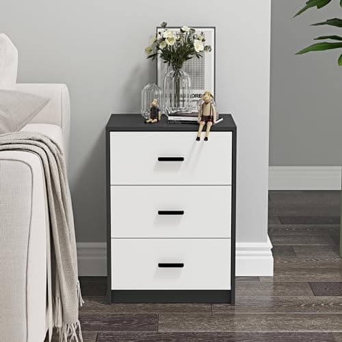 Image of URBNLIVING 3 Drawer Wooden Bedroom Bedside Cabinet (Black Carcass + White Drawers)
