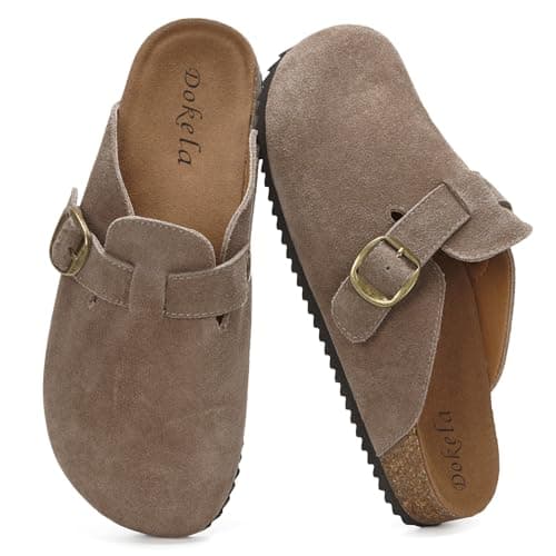 Image of Suede Clogs for Women Men Soft Cork Footbed Leather Mules Comfort Slippers Potato Shoes with Arch Support, Dark Brown, 3 UK