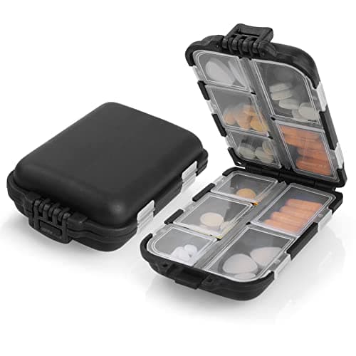 Image of AOOWU Pill Box Organiser, 1PCS Portable Medicine Storage Box, Double Layer 10 Grids Tablet Organiser to Hold Vitamins, Cod Liver Oil, Supplements and Medication for Travel Work(C-Black)