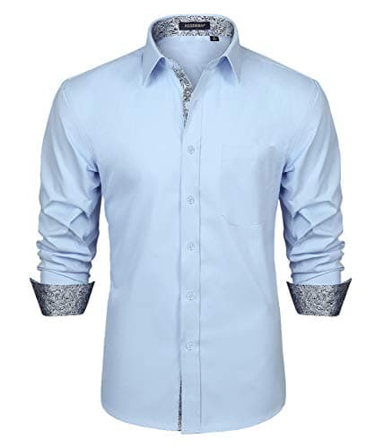 Image of HISDERN Light Blue Dress Shirts for Men Long Sleeve Button Down Collar Regular fit Classic Casual Formal Non Iron Shirt Bleu XXL