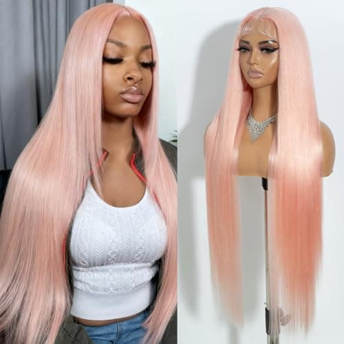 Image of Joedir 38 Inch Pink Wigs for Women Super Long Light Yaki Straight Wig with Baby Hair Heat-Resistant Synthetic Lace Front Wig Glueless Light Pink Wig for Daily Use