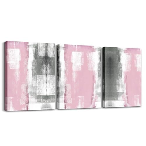 Image of Homewish Pink Grey White Abstract Wall Decor For Bedroom Living Room Bathroom,Oil Painting Graffiti Style Canvas Framed Wall Art Canvas,Modern Fashion Pictures Prints 40x30cmx3Pcs