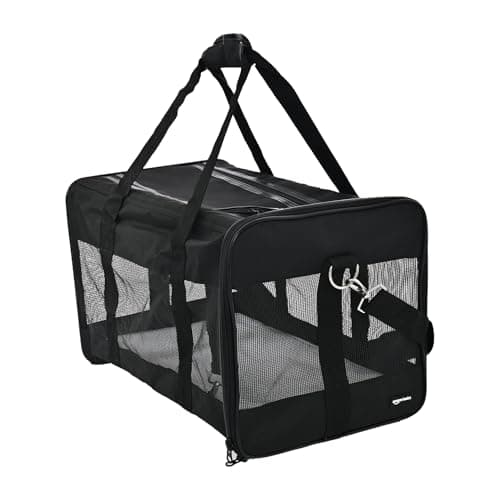 Image of Amazon Basics Dog and Cat Carrier, Soft Sided Pet Travel Carrier for Cat and Dog, Black, Medium, 42 cm L x 27 cm W x 28 cm H
