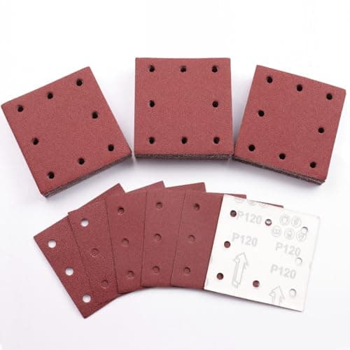 Image of Sruhrak 110x115mm Sandpaper, 50 Pieces Sanding Sheets Hook and Loop Sanding Pads 120 Grits Rectangular Sander Paper Set for Bosch Electric Sander Polishing, Rust Removal