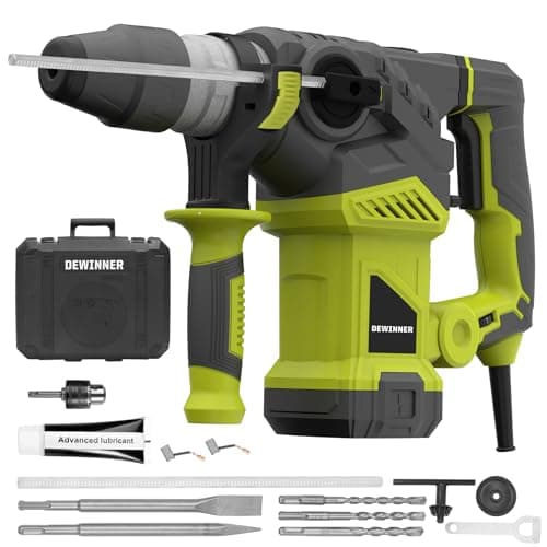 Image of DEWINNER 1500W SDS Plus Rotary Hammer Drill, 3 Mode, Vibration Control & Safety Clutch, 360° Auxiliary Handle for Concrete Drilling & Demolition, 3 Drill Bits, Flat/Point Chisels & Carry Case (DWT001)